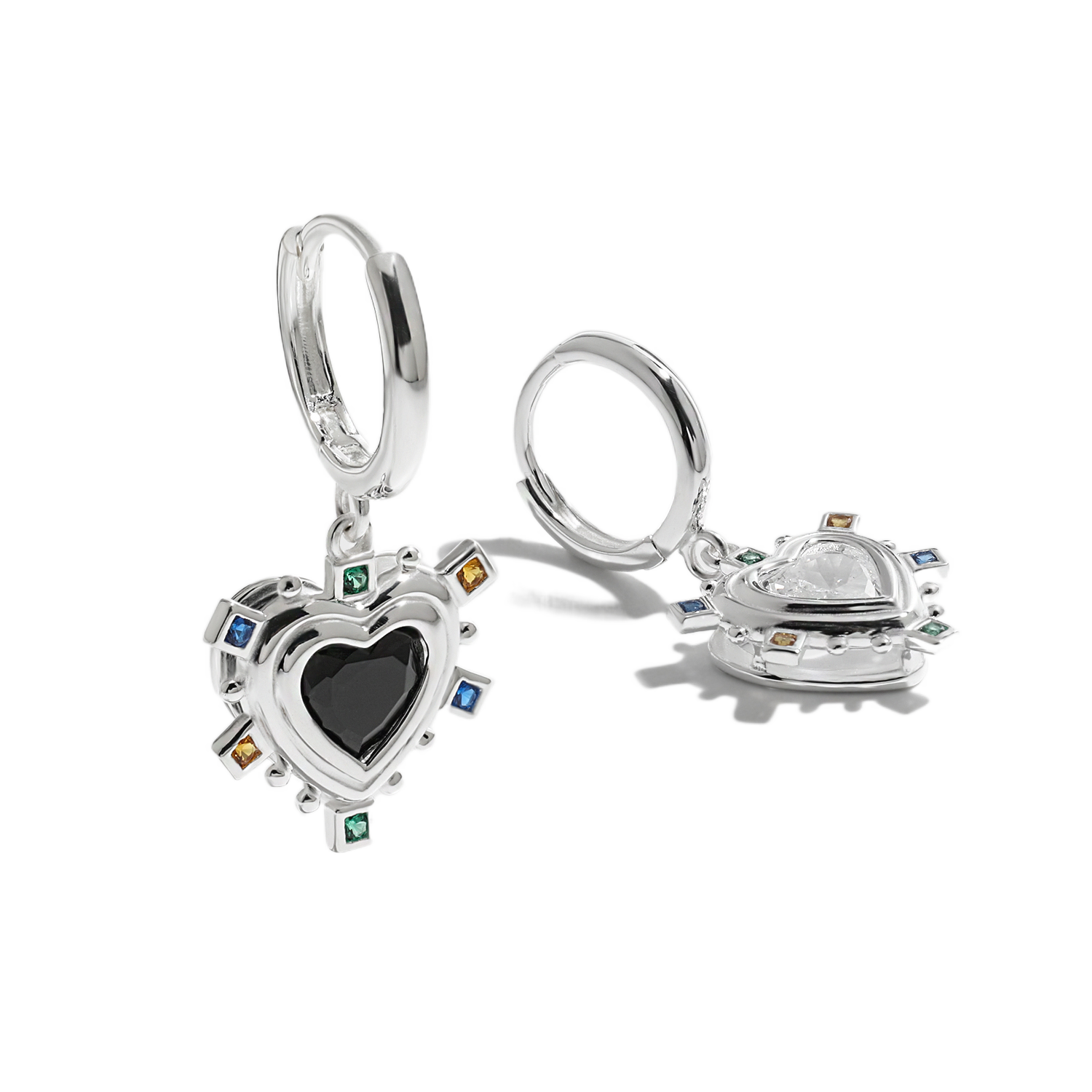 Black & White Love Heart Dangling Earrings - 925 Sterling Silver