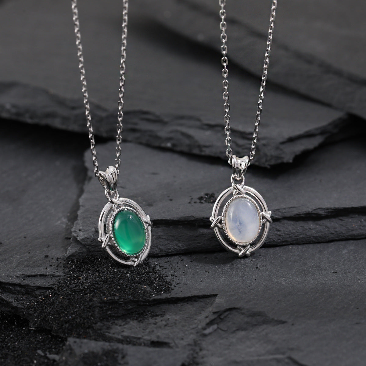 Geometric Oval Moonstone & Green Agate Necklace - 925 Sterling Silver