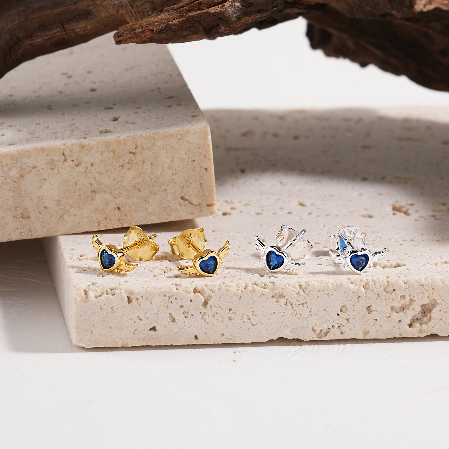 Blue CZ Flying Heart Stud Earrings - 925 Silver & 18K Gold