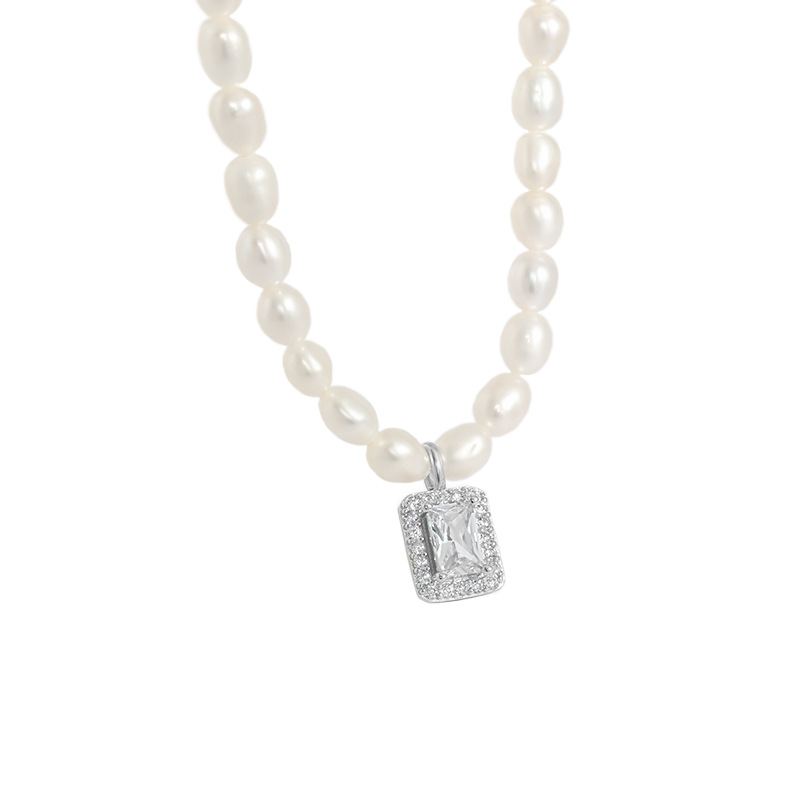 Elegant Natural Pearl Rectangle CZ Necklace | 925 Sterling Silver