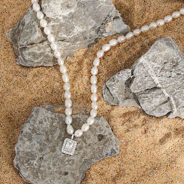 Elegant Natural Pearl Rectangle CZ Necklace | 925 Sterling Silver