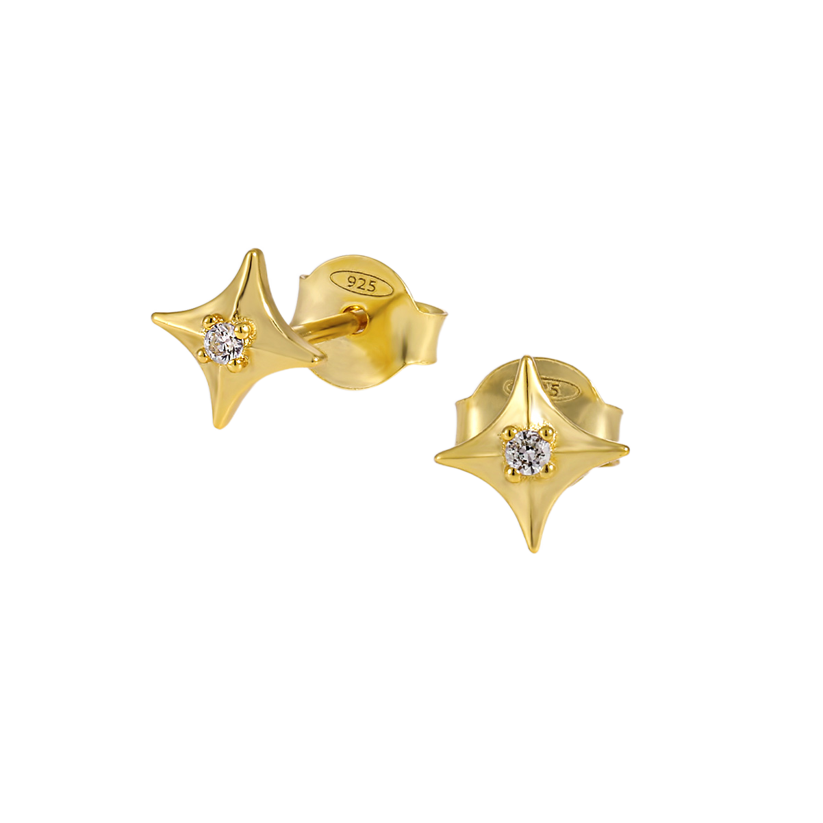 Four Pointed Star Stud Earrings - CZ 925 Sterling Silver