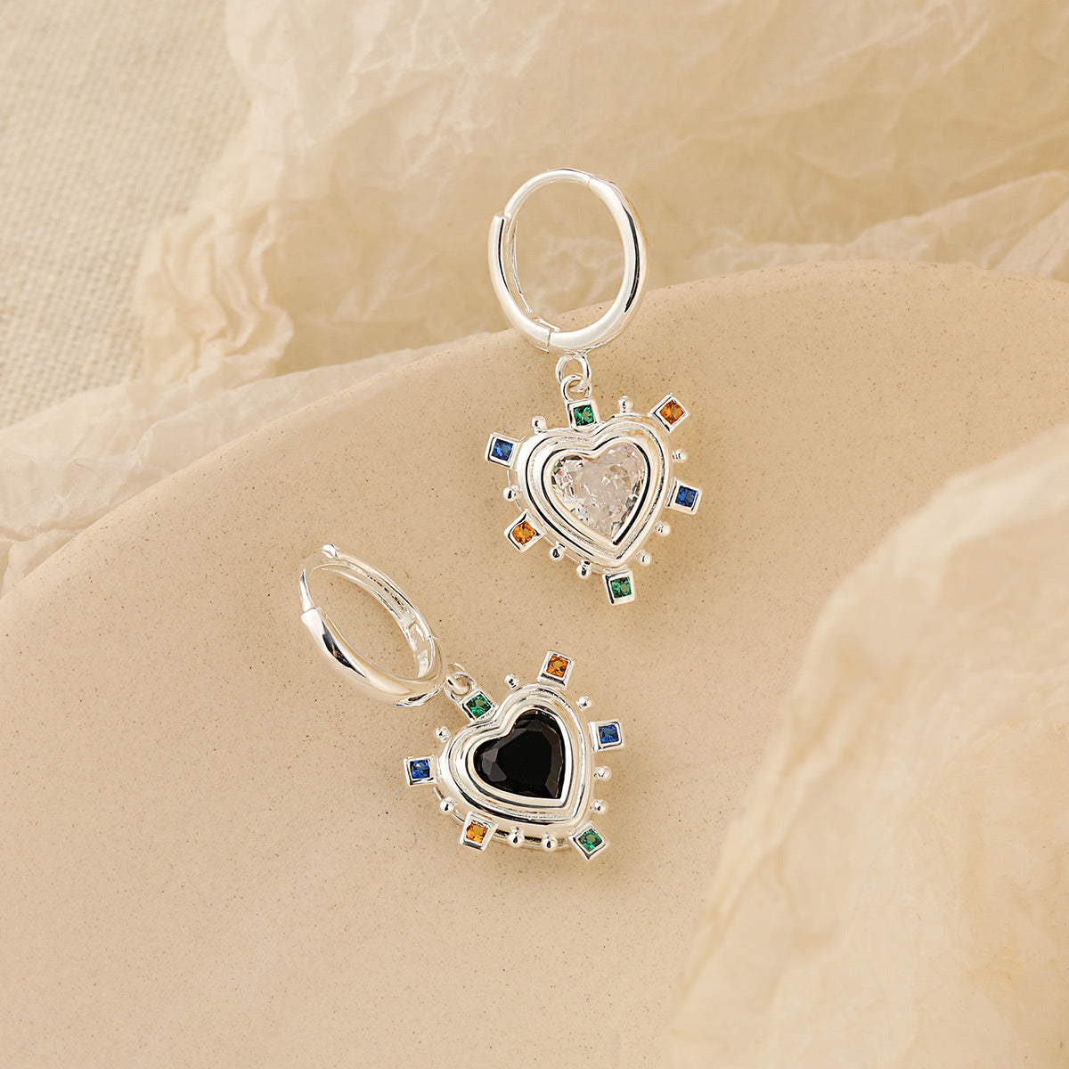 Black & White Love Heart Dangling Earrings - 925 Sterling Silver