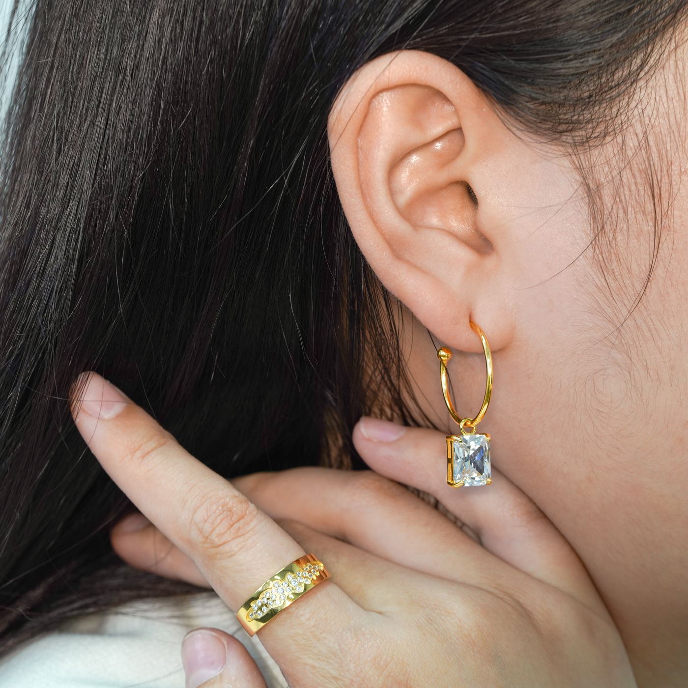 CZ Rectangle Hoop Earrings - 925 Sterling Silver