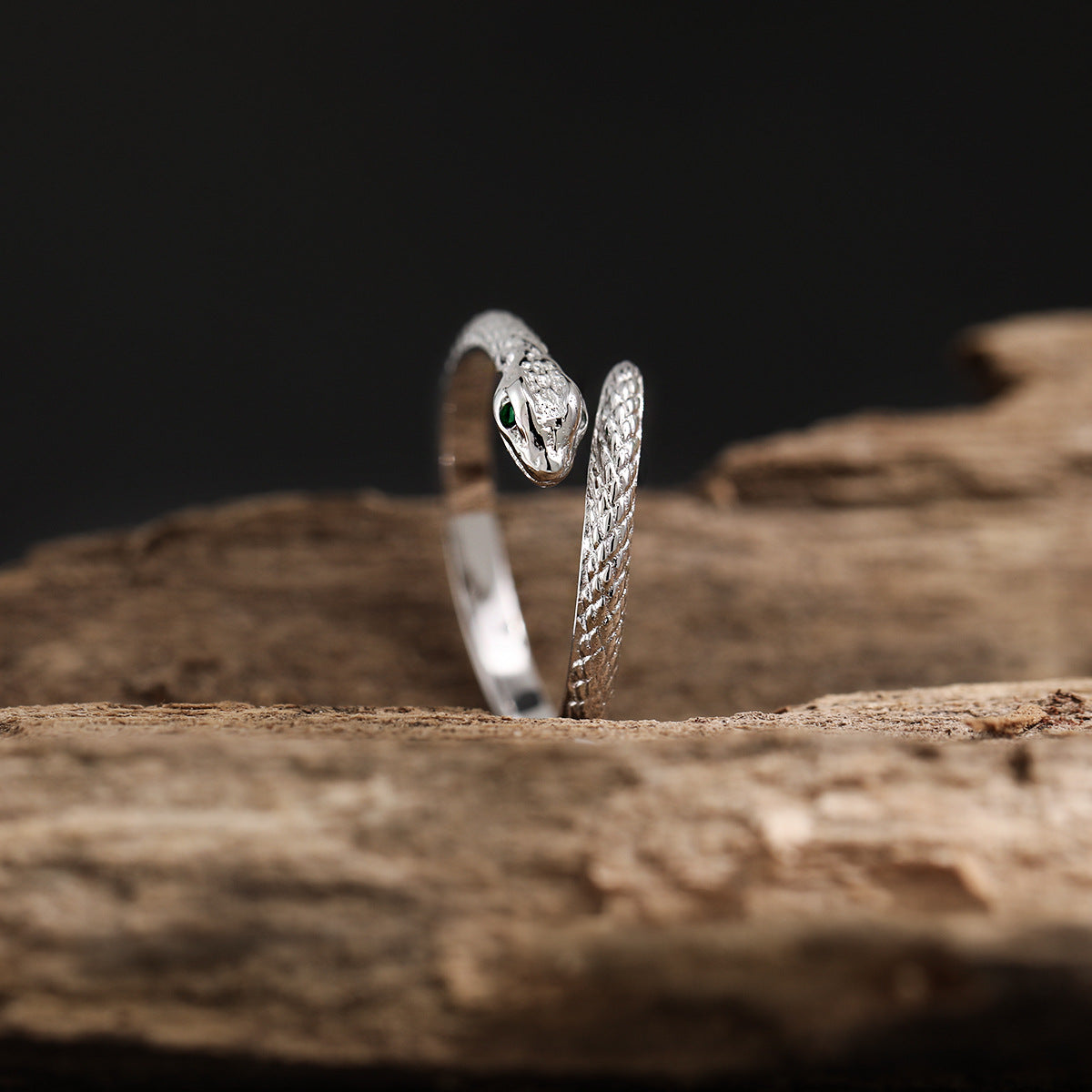 Green CZ Eyes Snake Adjustable Ring - 925 Sterling Silver