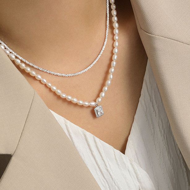Elegant Natural Pearl Rectangle CZ Necklace | 925 Sterling Silver