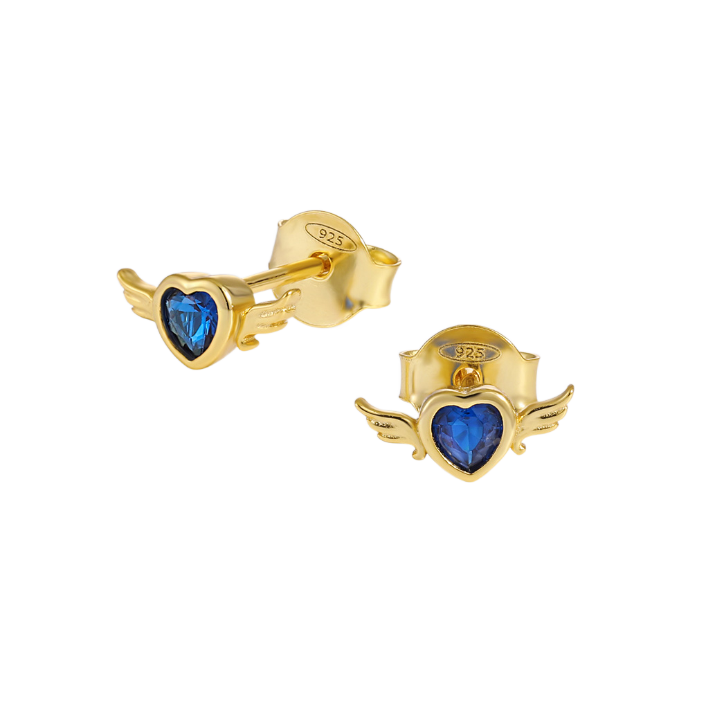Blue CZ Flying Heart Stud Earrings - 925 Silver & 18K Gold