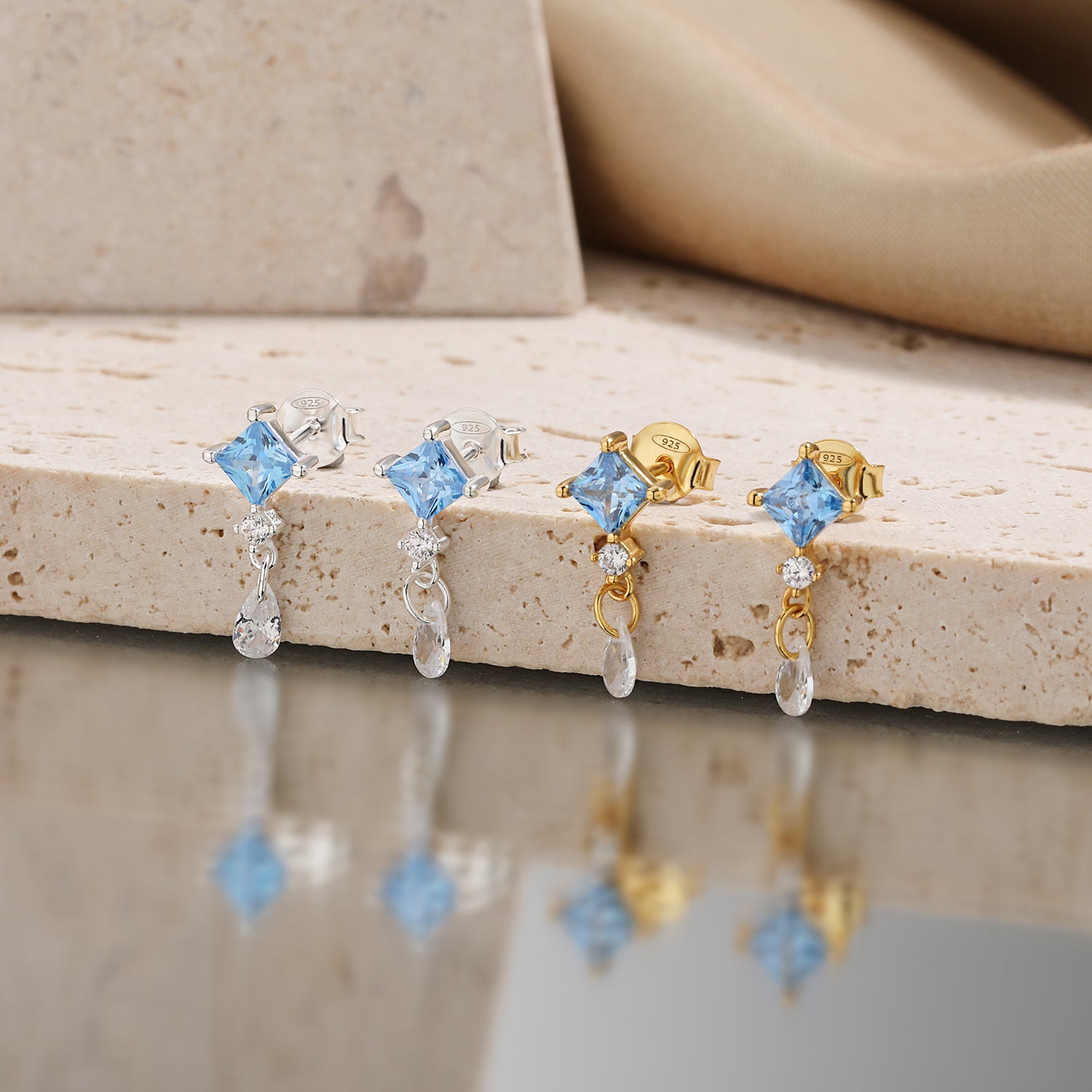 Blue Rhombus CZ Dangling Earrings - 925 Sterling Silver