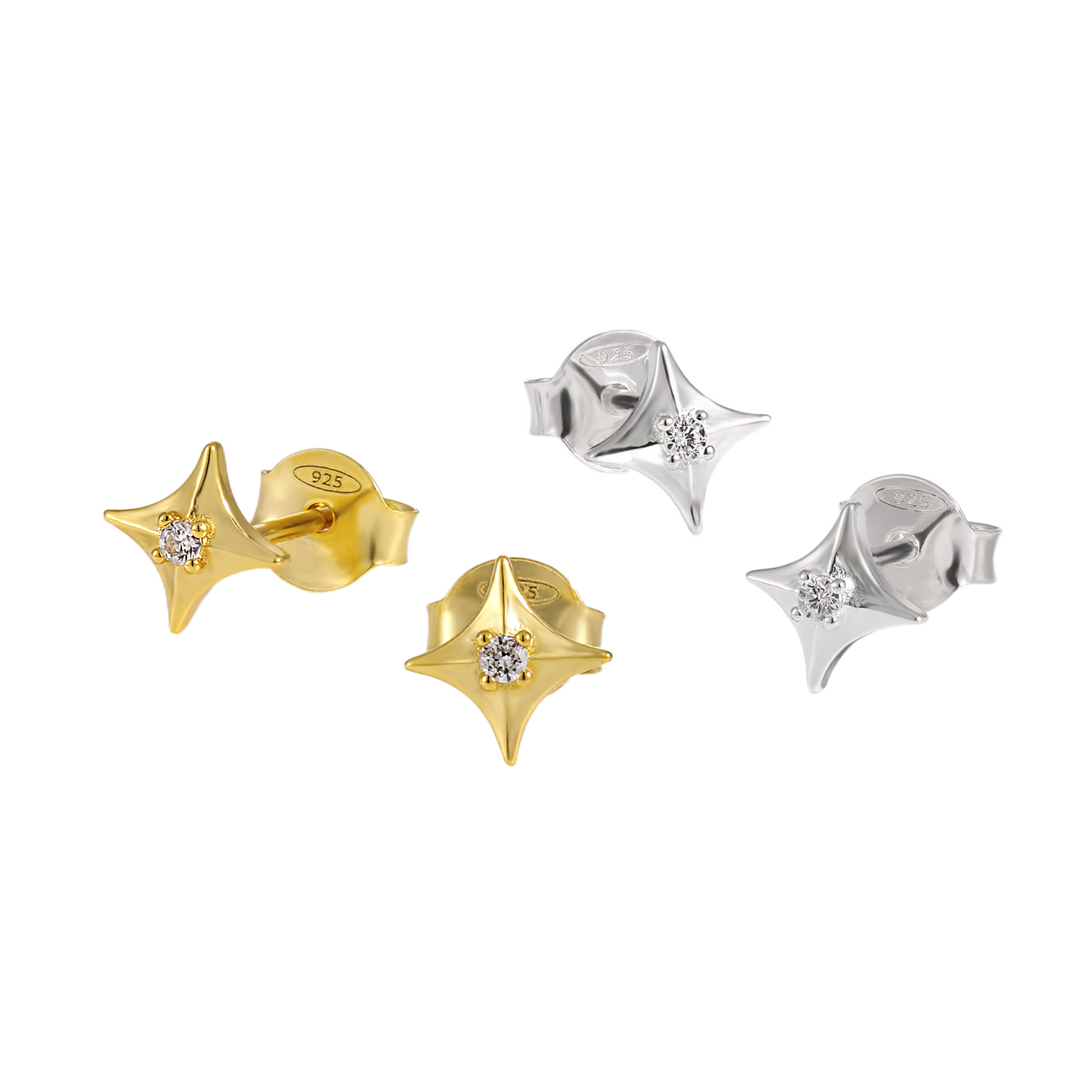 Four Pointed Star Stud Earrings - CZ 925 Sterling Silver