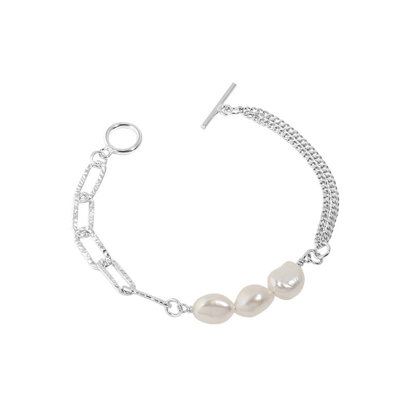 Baroque Pearl Asymmetric Chain Bracelet - 925 Sterling Silver