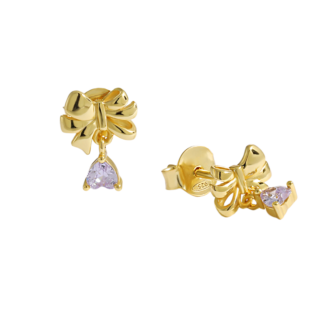 Bow-Knot Heart Drop Earrings - 925 Sterling Silver