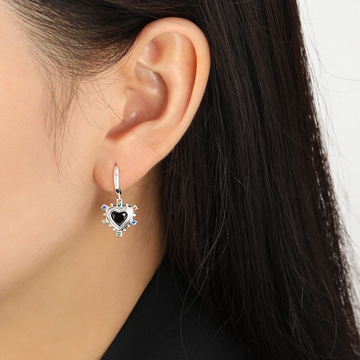 Black & White Love Heart Dangling Earrings - 925 Sterling Silver