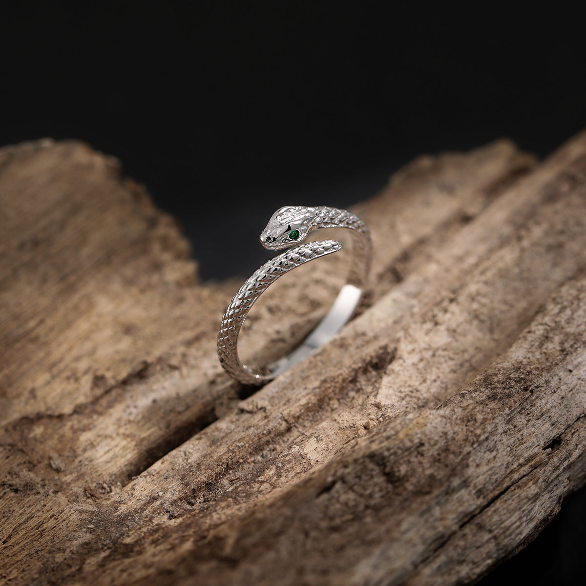 Green CZ Eyes Snake Adjustable Ring - 925 Sterling Silver