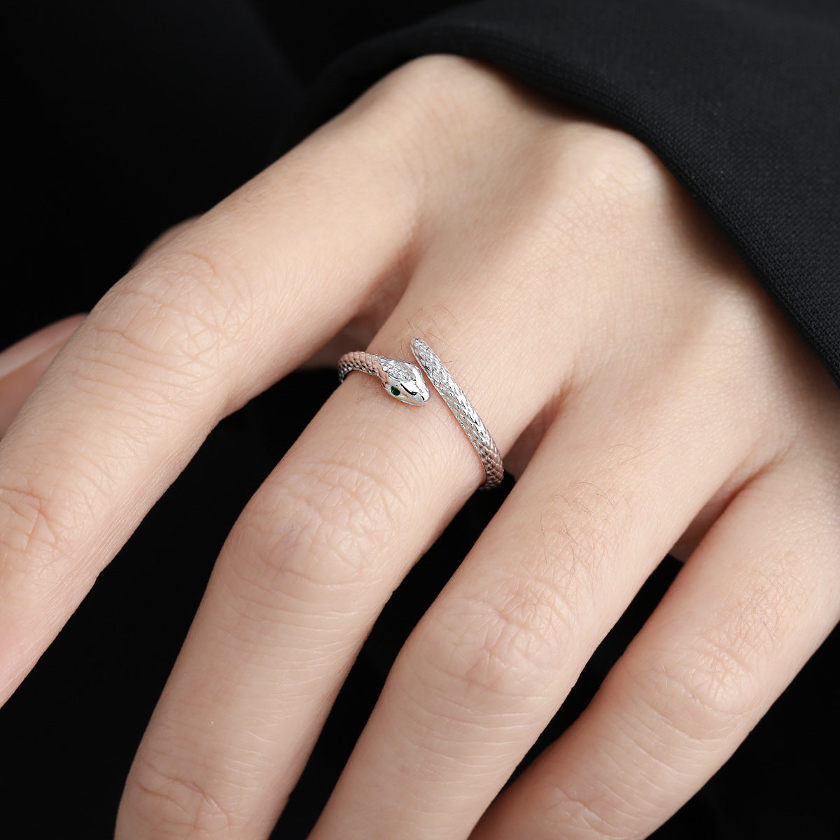 Green CZ Eyes Snake Adjustable Ring - 925 Sterling Silver