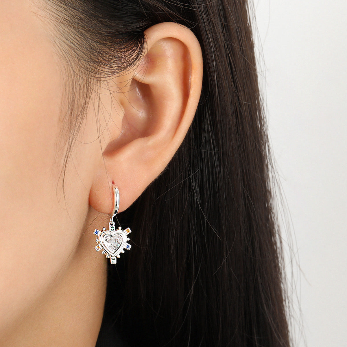 Black & White Love Heart Dangling Earrings - 925 Sterling Silver