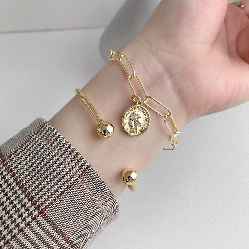 Gold Beads Open Bangle - 925 Sterling Silver