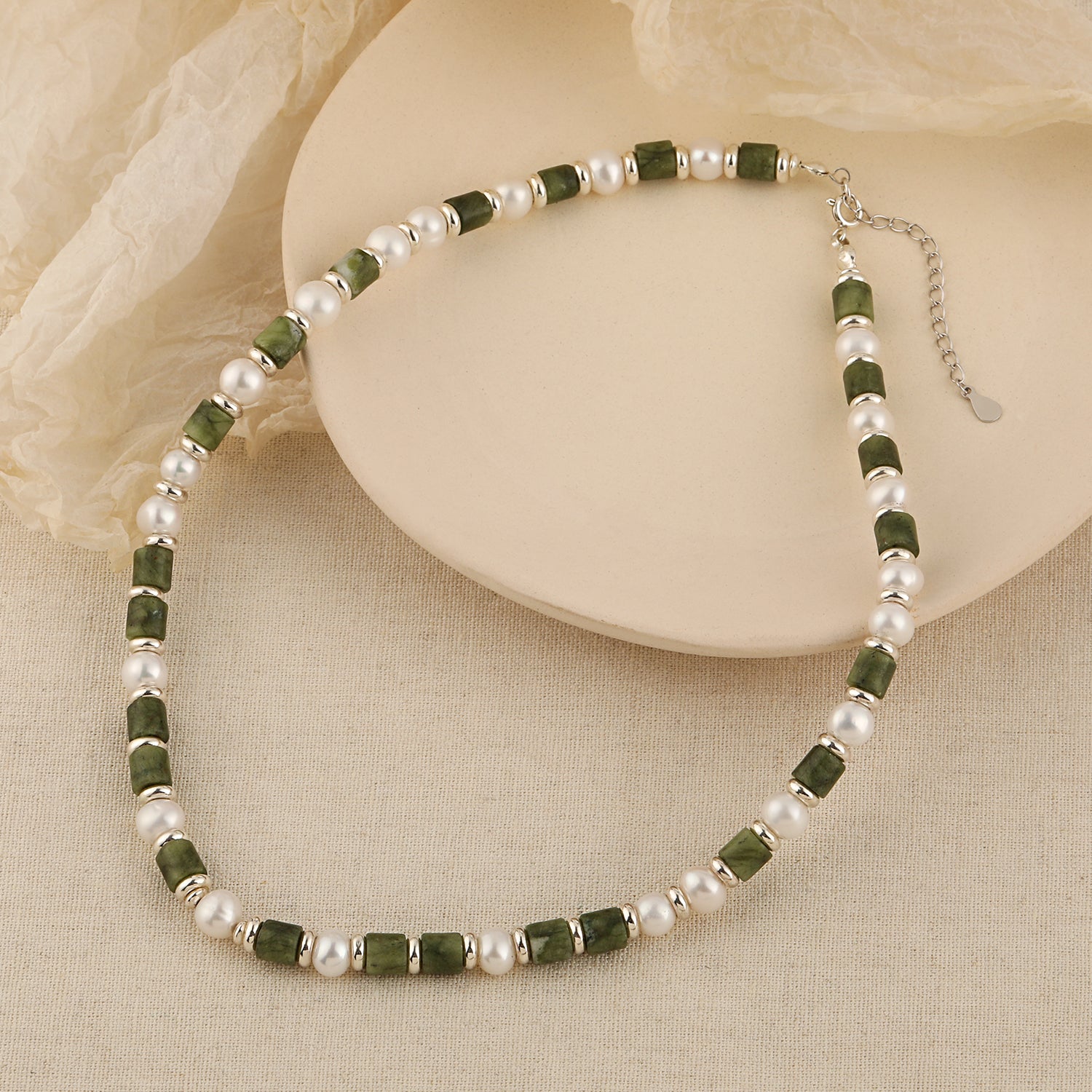 Pearl Green Tube Necklace - 925 Sterling Silver