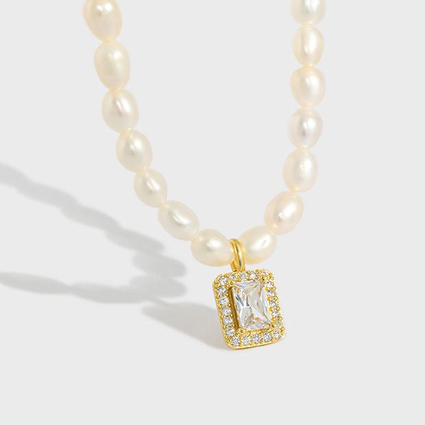 Elegant Natural Pearl Rectangle CZ Necklace | 925 Sterling Silver