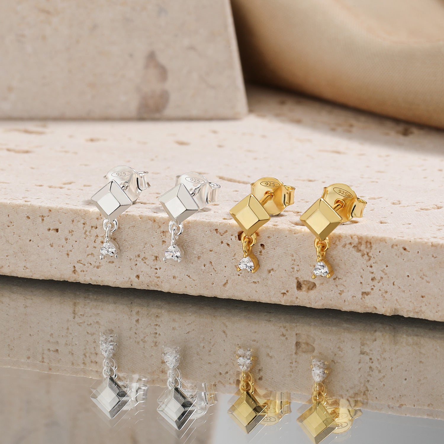 Geometric Heart CZ Stud Earrings - 925 Sterling Silver
