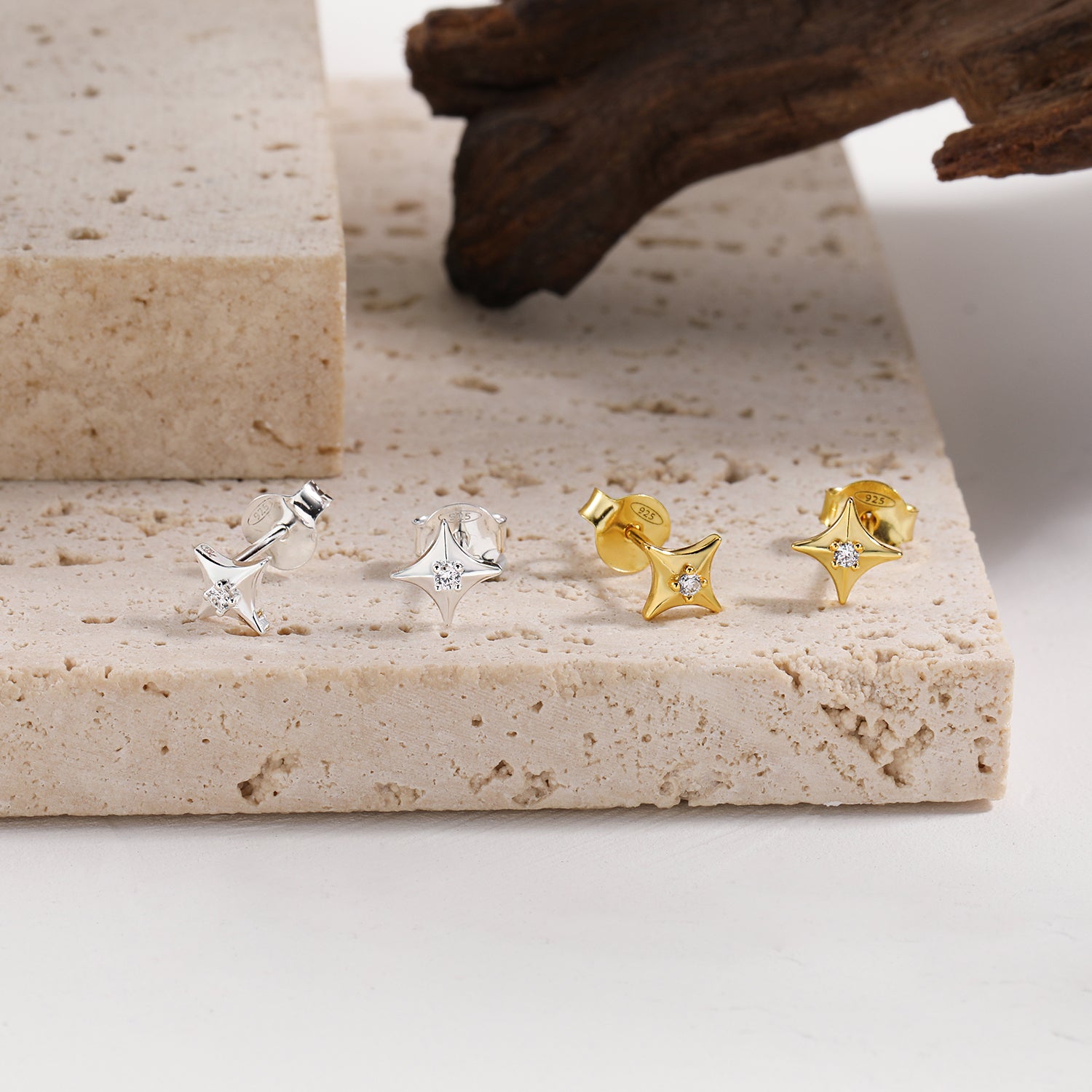 Four Pointed Star Stud Earrings - CZ 925 Sterling Silver