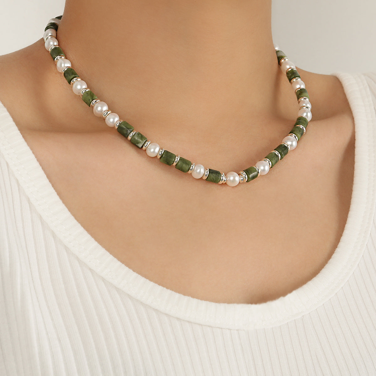 Pearl Green Tube Necklace - 925 Sterling Silver