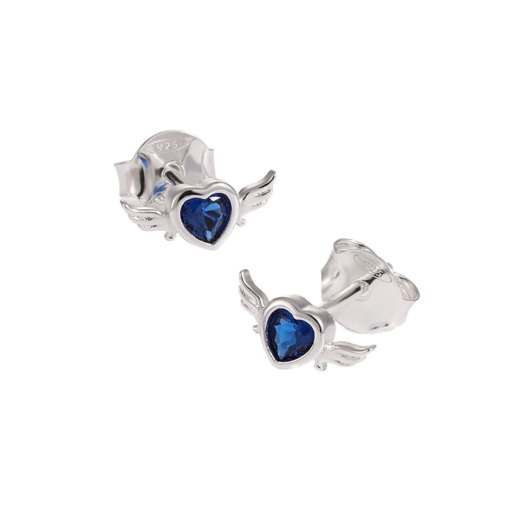 Blue CZ Flying Heart Stud Earrings - 925 Silver & 18K Gold