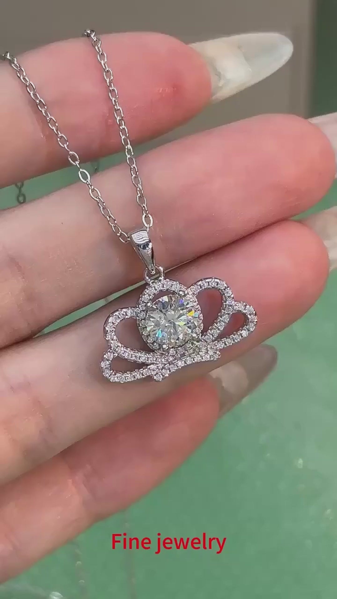 Moissanite Crown Pendant Necklace | Rhodium Finish | S925 Sterling Silver | GRA Certified