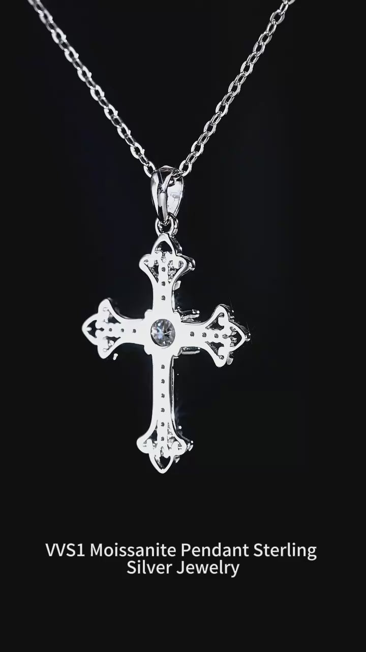 S925 Sterling Silver Cross Moissanite Pendant Necklace – Rhodium Finish | GRA Certified