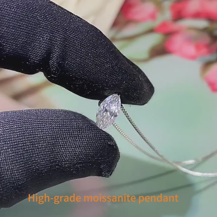 Marquise Cut Moissanite Pendant Necklace | Rhodium Finish | S925 Sterling Silver | GRA Certified