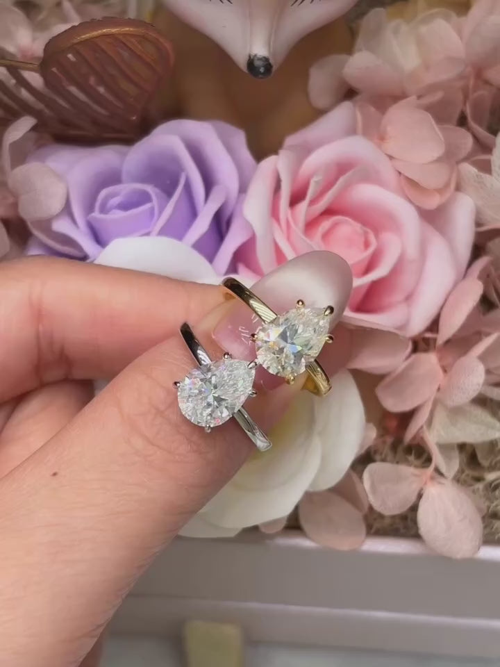 Pear Cut Moissanite Engagement Ring | 2ct VVS1 D Colour | GRA Certified | S925 Silver | Rhodium & Gold Plated