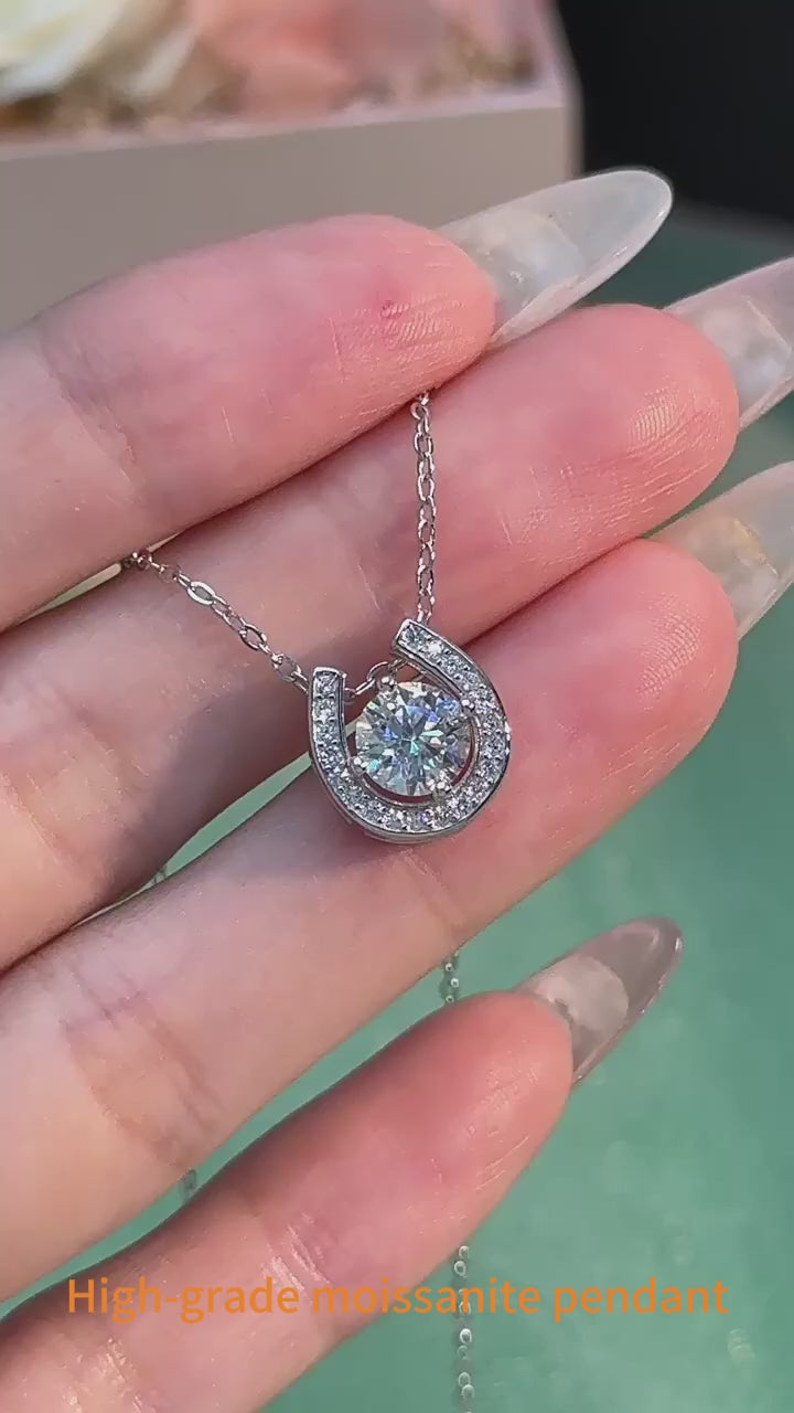 S925 Sterling Silver Horseshoe Moissanite Pendant Necklace – Rhodium Finish | GRA Certified