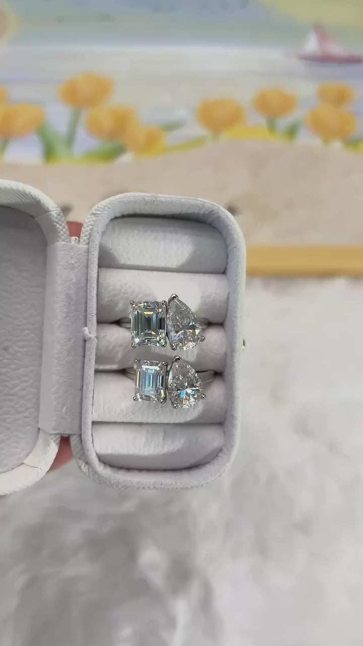 Two Stone Radiant Cut Moissanite Ring | 2CT+2CT & 3CT+3CT | 925 Sterling Silver | Rhodium Finish | GRA Certified