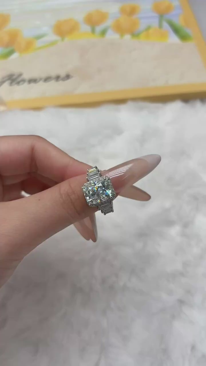 Cushion Cut Moissanite Solitaire Ring | 5CT | 925 Sterling Silver | Rhodium Finish | GRA Certified